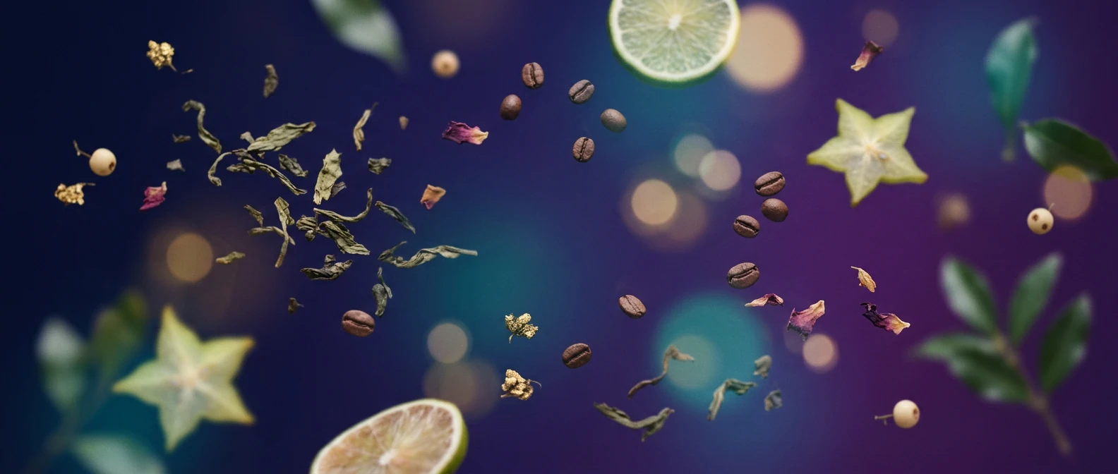 Botanical wellness background with coffee beans and tropical botanicals